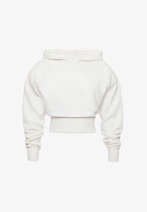 Biely skrátený hoodie vyrobený z jemnej látky. Obsahuje pružný lem, dlhé rukávy a kapucňu so šnúrkami. Hladká textúra s jemným leskom.