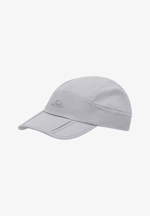 Cappellino sportivo Oakley grigio chiaro con visiera curva, pannelli cuciti e ventilazione laterale in rete.