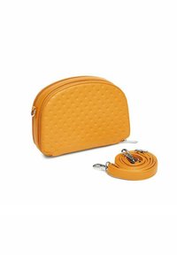 Yellow, textured synthetic crossbody bag with a rounded shape, double zipper, and detachable strap. Notable dot pattern detail on surface.