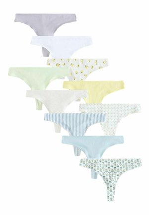 Kümme naiste puuvillast string-aluspükst erinevates pastelltoonides ja mustrites, sealhulgas triibud, täpid ja lillemustrid.