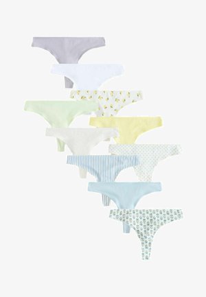 Zece tanga de bumbac pentru femei în diverse culori pastel și modele, inclusiv dungi, puncte și imprimeuri florale.