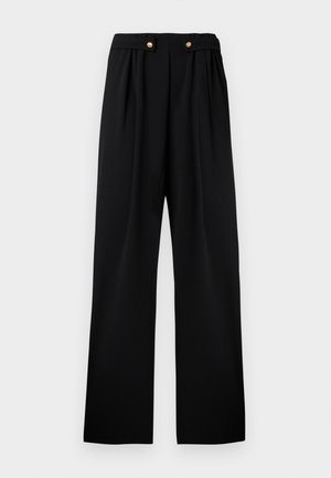 Black pleated trousers with a high waist, featuring two gold-tone buttons at the front, made from a smooth, textured fabric.