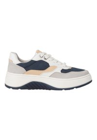 Sneakers leggere con una combinazione di suede e pelle nei colori blu navy, grigio e beige. Suola testurizzata e lacci bianchi. Design con punta arrotondata.