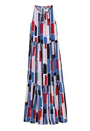 Maksimekko, millel on nööriga krae, mitmevärviline plokkade mustris punases, sinises, mustas ja roosas ning kihiline seelik ja pehme kangatekstuur.