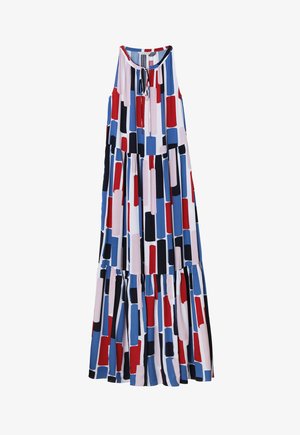 Maksimekko, millel on nööriga krae, mitmevärviline plokkade mustris punases, sinises, mustas ja roosas ning kihiline seelik ja pehme kangatekstuur.