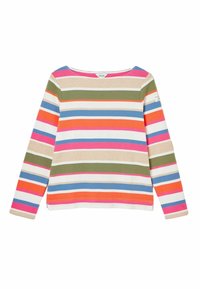 Long-sleeve striped top made of cotton, featuring horizontal stripes in pink, orange, green, blue, and beige. Round neckline, relaxed fit.