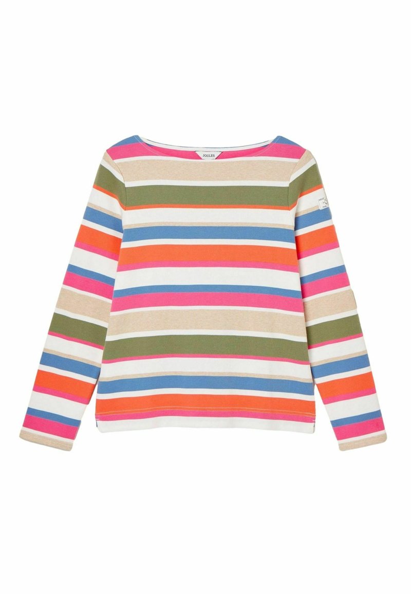 Long-sleeve striped top made of cotton, featuring horizontal stripes in pink, orange, green, blue, and beige. Round neckline, relaxed fit.