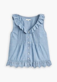 Ärmlös ljusblå blus med volangkrage och fåll, knappstängning fram och vertikala veck på bröstet.