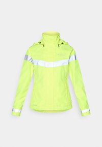 Reflective, bright yellow rain jacket with a zip front, adjustable hood, and silver stripes across the chest and sleeves. Waterproof material.