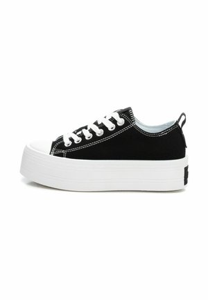 Zapatillas de lona negras con una gruesa suela de plataforma blanca, que presentan cordones blancos, detalles de costura y una lengüeta en la parte trasera.