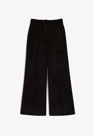 Μαύρο παντελόνι καμπάνα από κορδούρα με υφή και δύο πιέτες μπροστά, σχεδιασμένο με κανονική μέση και ίσια στριφώματα.