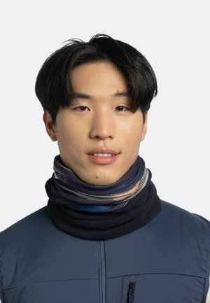 Multifunktionales Nackenband aus weichem, dehnbarem Stoff in Marineblau mit einem bunten abstrakten Muster am oberen Ende. Glatte Textur, eng anliegender Sitz.