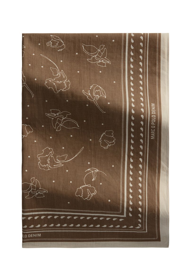 Brauner Schal mit weißen Blumenumrissen und Punkten, mit einem Randdesign aus kleinen geometrischen Mustern und Markenlogo.