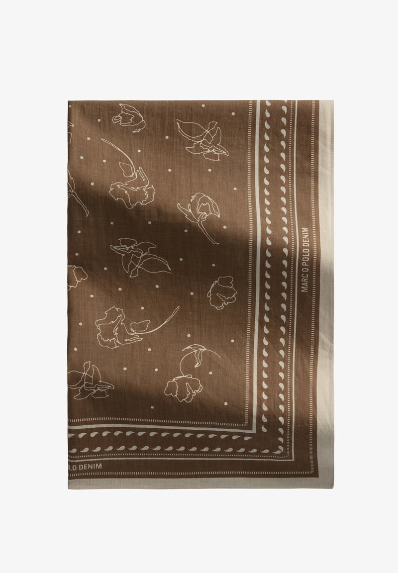 Brauner Schal mit weißen Blumenumrissen und Punkten, mit einem Randdesign aus kleinen geometrischen Mustern und Markenlogo.