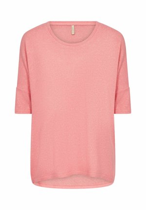 Top rosa a maniche corte realizzato in un tessuto morbido e lavorato. Presenta una scollatura rotonda e una vestibilità comoda con maniche arrotolate.