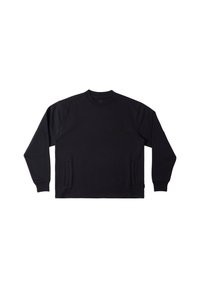 Sudadera negra de manga larga, con cuello redondo y bolsillos laterales. Presenta parches en los codos y un sutil estampado en color oscuro. Textura suave.