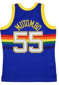 Blue basketball jersey with yellow accents. Features rainbow stripes across the chest, "MUTOMBO" and number "55" in white. Mesh fabric.