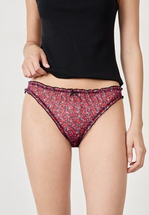 Floral print bikini briefs in red and blue on a sheer background, featuring black lace trim and a gathered waistband detail.