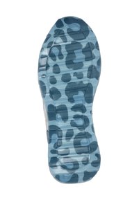 Shoe sole featuring a blue translucent material with dark blue leopard print pattern, ridged texture for grip, and contoured shape.