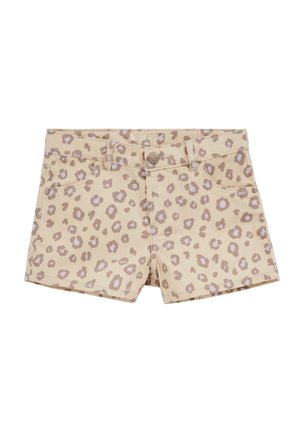Beżowe szorty dżinsowe z jasnobrązowym i białym wzorem w cętki lamparta, przednimi kieszeniami, szlufkami na pasek oraz zapięciem na guzik w pasie.