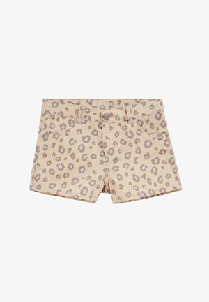 Bež kratke hlače iz jeansa z svetlo rjavim in belim leopardjim tiskom, sprednjimi žepi, zanke za pas in zapiranjem z gumbom v pasu.