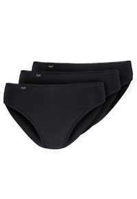 Zwarte bikini slipjes, gladde stof, middelhoge pasvorm, elastische tailleband, driepack, geen zichtbare patronen of logo's.