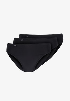 Braguitas de bikini negras, tela suave, diseño de tiro medio, cintura elástica, paquete de tres, sin patrones ni logos visibles.