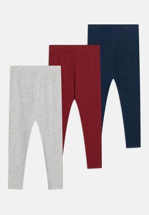 Tre par med leggings i grått, burgunder og marineblått. Laget av myk bomull med elastiske midjebånd, med et enkelt, tettsittende design.