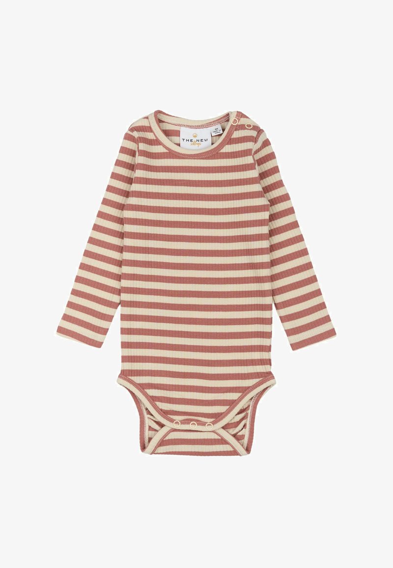 Bodysuit za bebe s dugim rukavima od rebrastog materijala, s ružičastim i krem prugama u horizontalnom smjeru, s kopčama na ramenu i dnu.