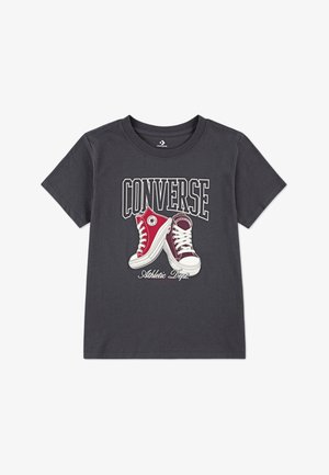 Gray t-shirt featuring a graphic of two Converse shoes, one red and one maroon, with "CONVERSE" and "Athletic Dept." printed above.