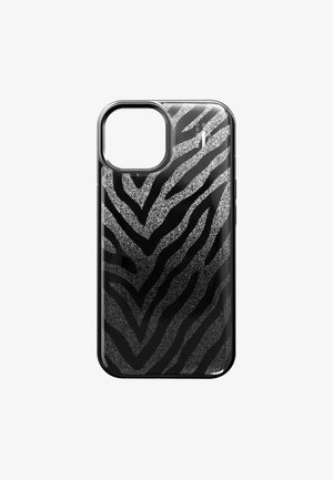 Zwarte telefoonhoes met zebrapatroon, voorzien van een glanzende afwerking en metalen glitteraccenten, ontworpen voor stootbestendigheid en duurzaamheid.
