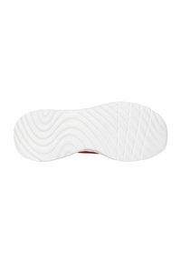 White sneaker outsole with wave and ribbed patterns, featuring a sturdy rubber material and red accents near the heel area.