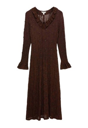 Braunes Spitzen-Midikleid mit langen Ärmeln, gerafftem V-Ausschnitt, Bindedetail und ausgestellten Manschetten.