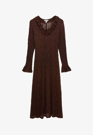Robe midi en dentelle marron à manches longues, col en V volanté, détail noué et poignets évasés.