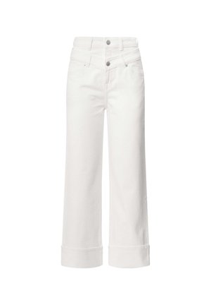 Hvide denim brede bukser med høj talje, to forlommer og opbrettede ærmer. Har to knaplukninger og en glat tekstur.