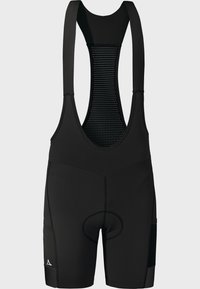 Schwarze Radfahrshorts mit gepolstertem Sattel, Netzrücken zur Belüftung und verstellbaren Trägern. Mit einem Logo am unteren Bein.