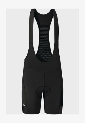 Schwarze Radfahrshorts mit gepolstertem Sattel, Netzrücken zur Belüftung und verstellbaren Trägern. Mit einem Logo am unteren Bein.