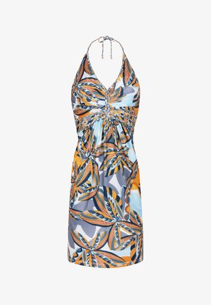 Halter-neck dress in blue, orange, and gray with a tropical leaf pattern. Features ruching at the waist and decorative bead accents.