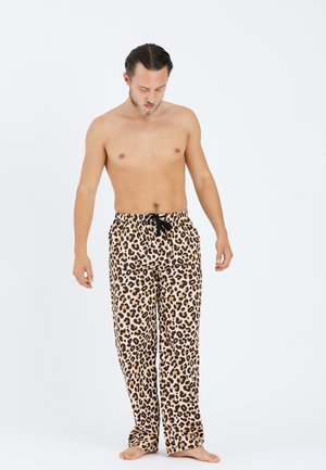 Braune und beige Leopardenmuster-Pyjama-Hosen mit einem Kordelzugbund, lockerer Passform und weichem Stoff. Keine weiteren Merkmale angegeben.