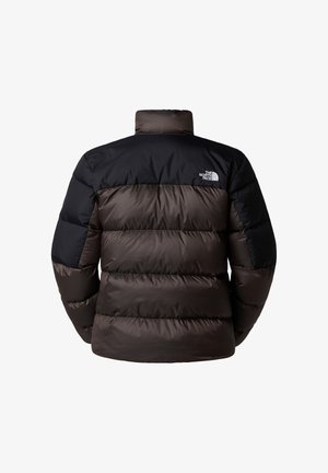 Black and brown puffer jacket with a high collar, horizontal stitching, and logo on the left shoulder. Lightweight, insulated design.