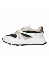 Chunky sneakers featuring a combination of white, black, and beige materials, with mesh accents and a textured outsole for grip.