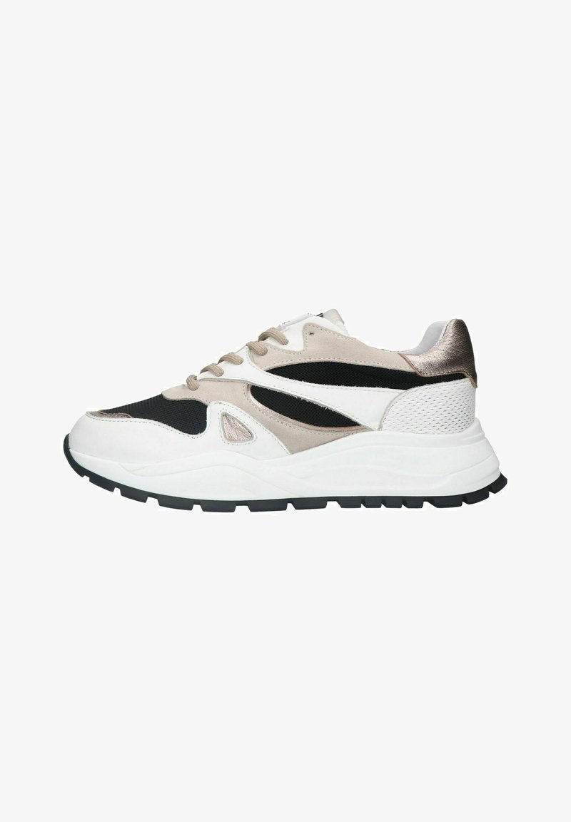 Chunky sneakers met een combinatie van witte, zwarte en beige materialen, met gaasaccenten en een gestructureerde buitenzool voor grip.
