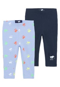 Two pairs of leggings: light blue with multicolored horse prints and a navy pair with a white logo. Both are made of soft, stretchy fabric.