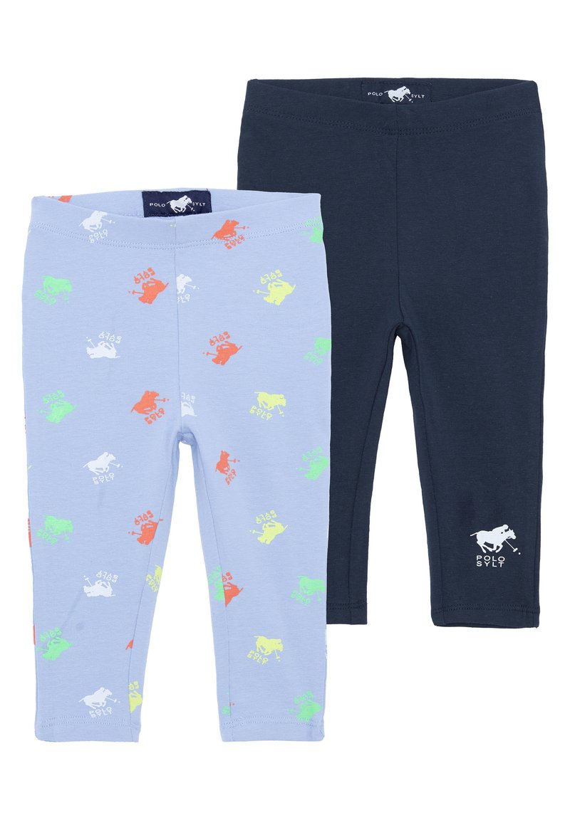 Two pairs of leggings: light blue with multicolored horse prints and a navy pair with a white logo. Both are made of soft, stretchy fabric.