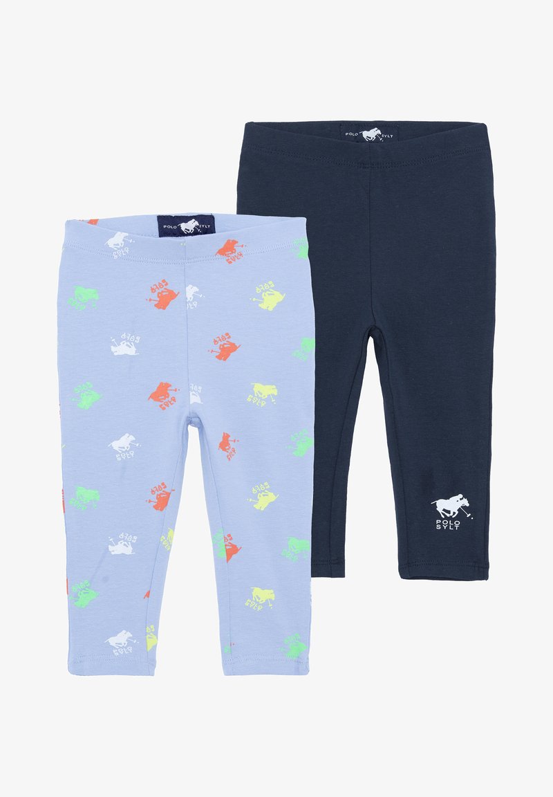 Two pairs of leggings: light blue with multicolored horse prints and a navy pair with a white logo. Both are made of soft, stretchy fabric.
