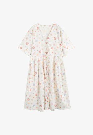 Baumwollkleid mit Blumenmuster, kurzen Ärmeln, V-Ausschnitt und gerafftem Rock. Verziert mit mehrfarbigen Sternmotiven auf hellem Hintergrund.