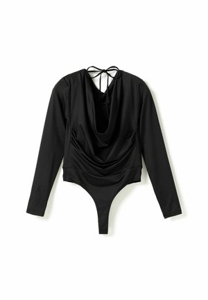 Body noir à manches longues avec dos ouvert drapé et fermeture par lien au cou, étalé à plat sur un fond blanc.