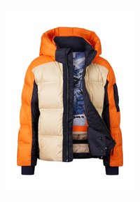 Padded jacket with an orange hood, cream front, and navy side panels. Features zip closure and interior graphic lining. Textured fabric.