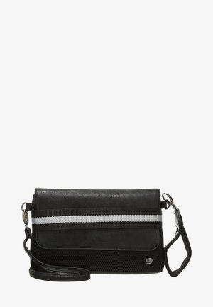 Czarna torba typu crossbody z skórzanym wierzchem, siatkowym dnem i białym paskiem akcentującym. Posiada odpinany pasek oraz metalowe okucia.