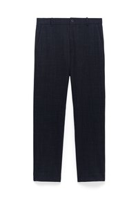 Pantaloni blu scuro con finitura testurizzata, dotati di chiusura con zip e bottone, tasche frontali inclinati e design classico a gamba dritta.